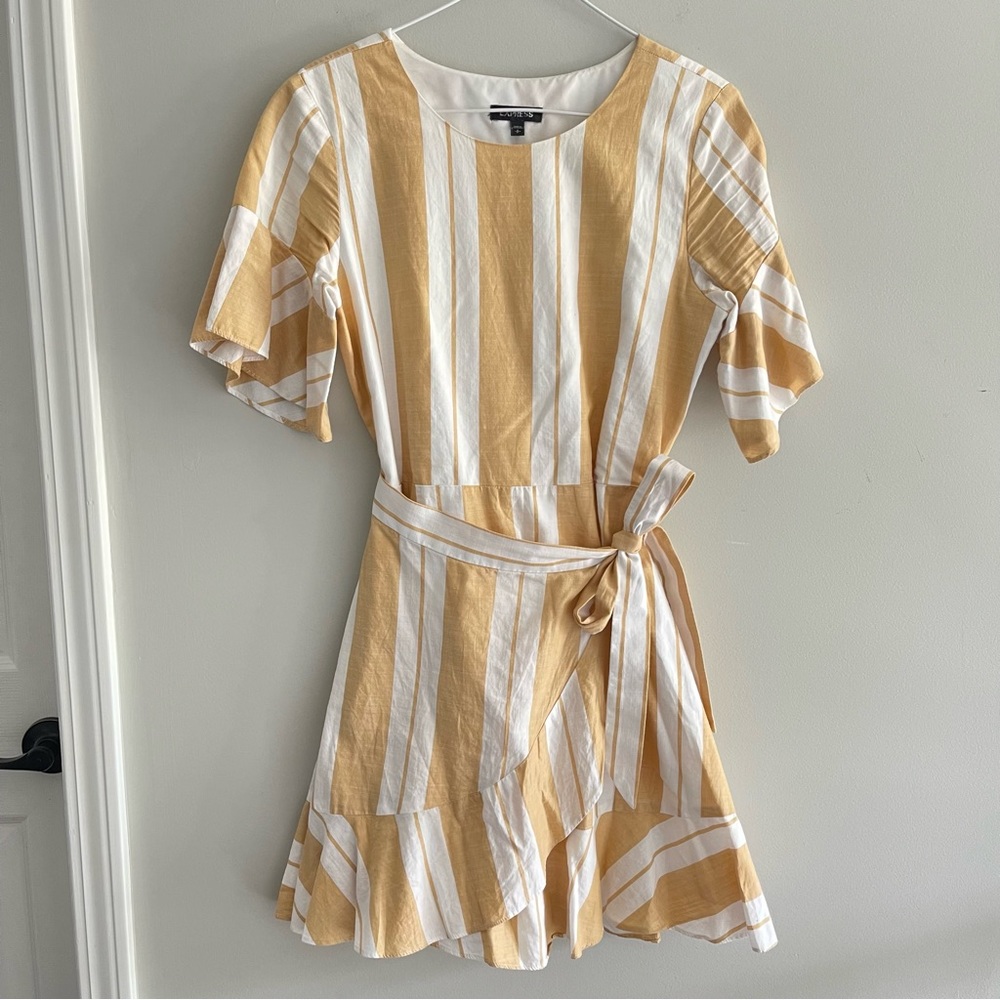 Express yellow and white striped summer wrap dress